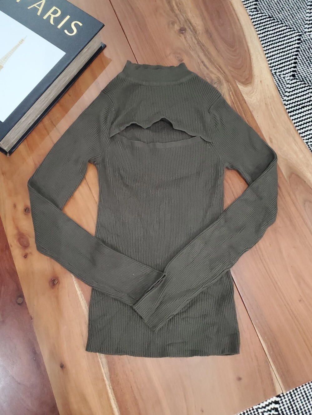 Vintage Olive Ribbed Cutout Long Sleeved Mock Neck Top